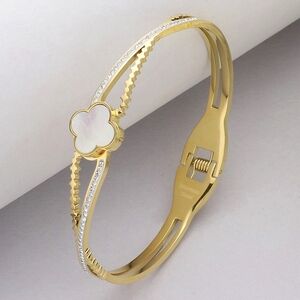 Gold Mother Of Pearl Quatrefoil Clover Bracelet Bangle Hinged Rhinestone Crystal